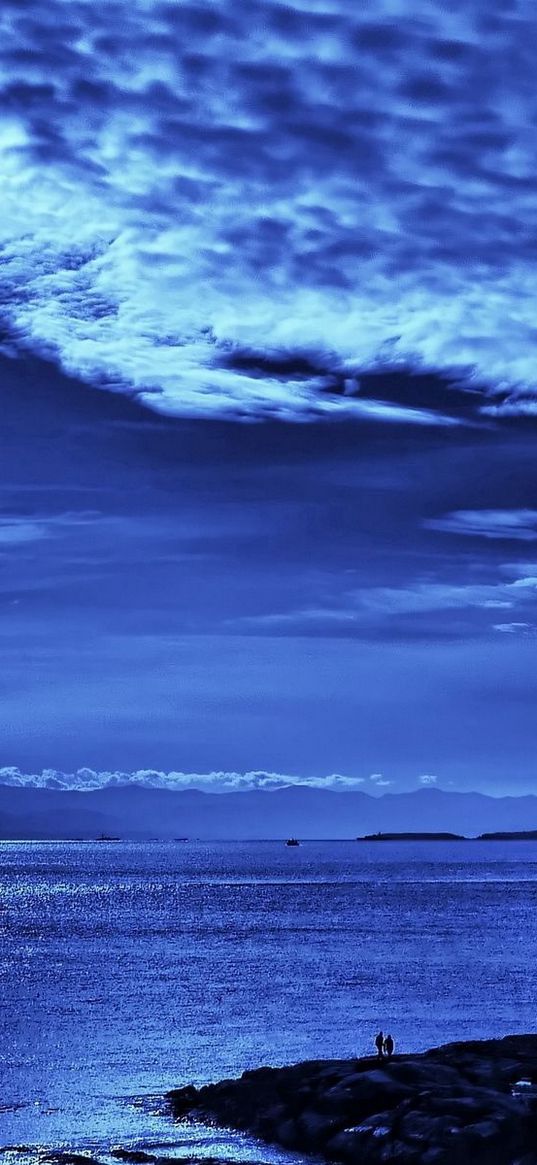 light, sky, beams, clouds, from above, dark blue, evening, sea, people