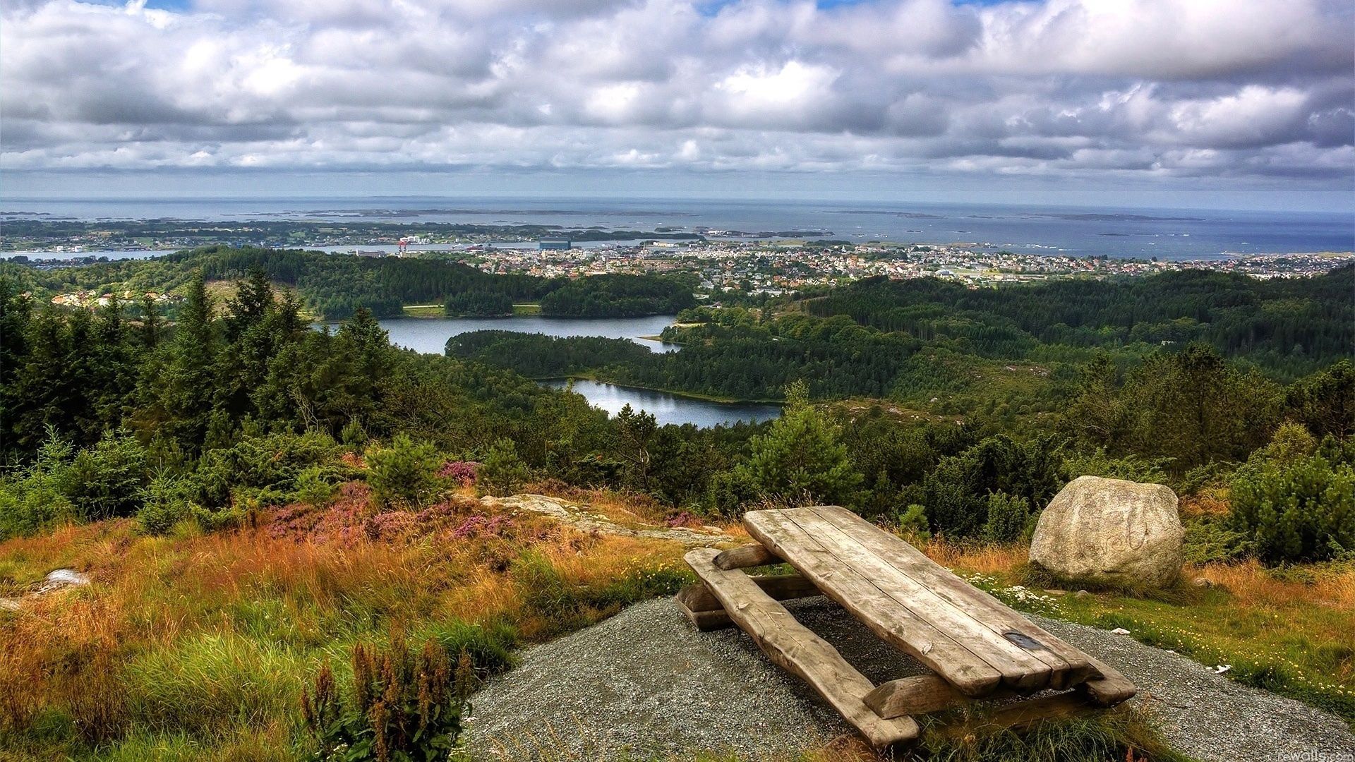 table, benches, eminence, look, islands, city, stones, wood