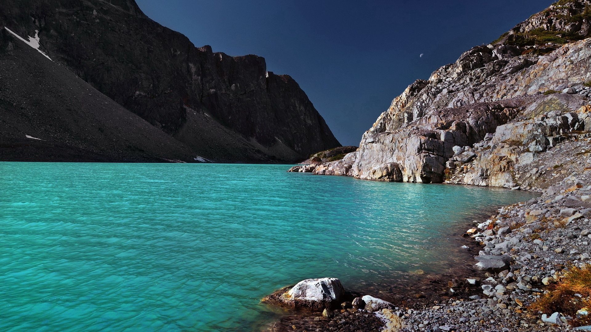 lake, coast, azure, stones, pebble, mountains