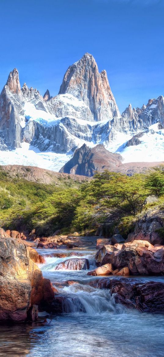 river, stream, mountains, tops, wood, sky, midday, brightly