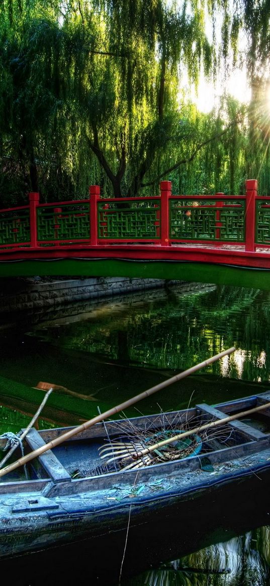 boat, bridge, river, china, wood, vegetation, oars