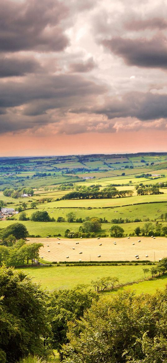 clouds, sky, plain, lodges, trees, open spaces, distance, cloudy, horizon