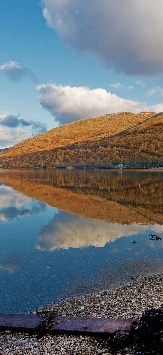 lake, coast, board, mountains, reflection, pebble, clearly