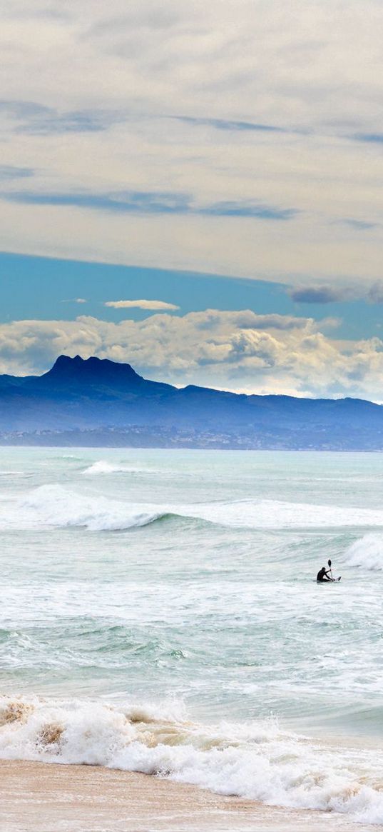 ocean, waves, coast, person, rowing