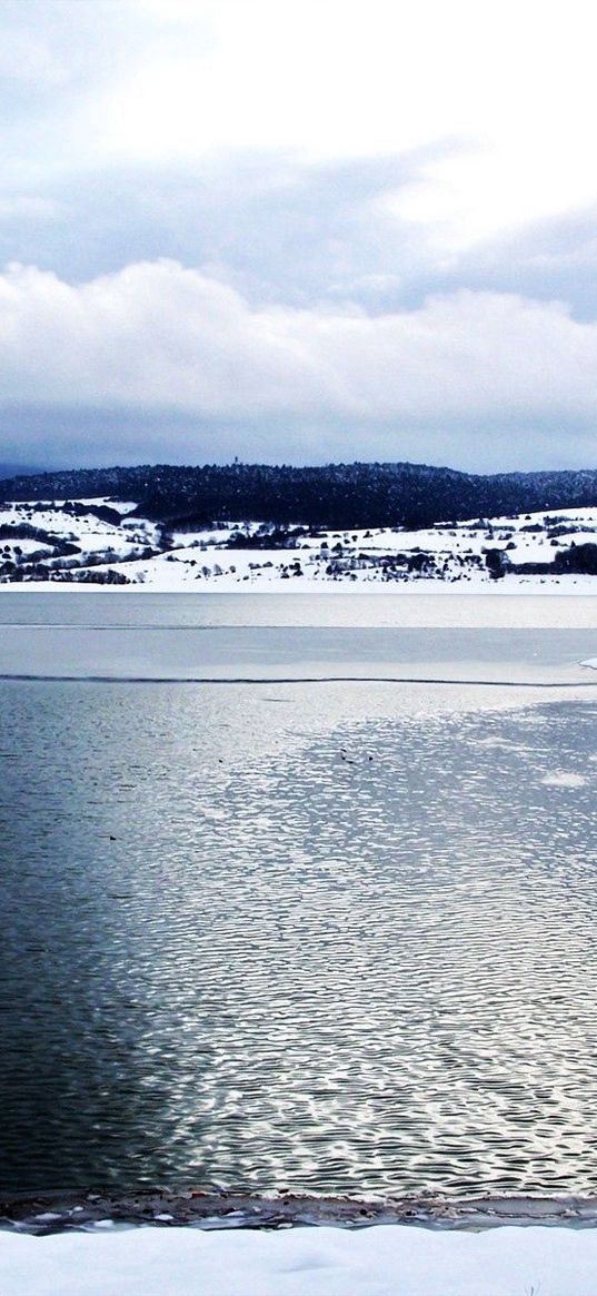 lake, cold, water, smooth surface, ice, snow, clouds, modulations