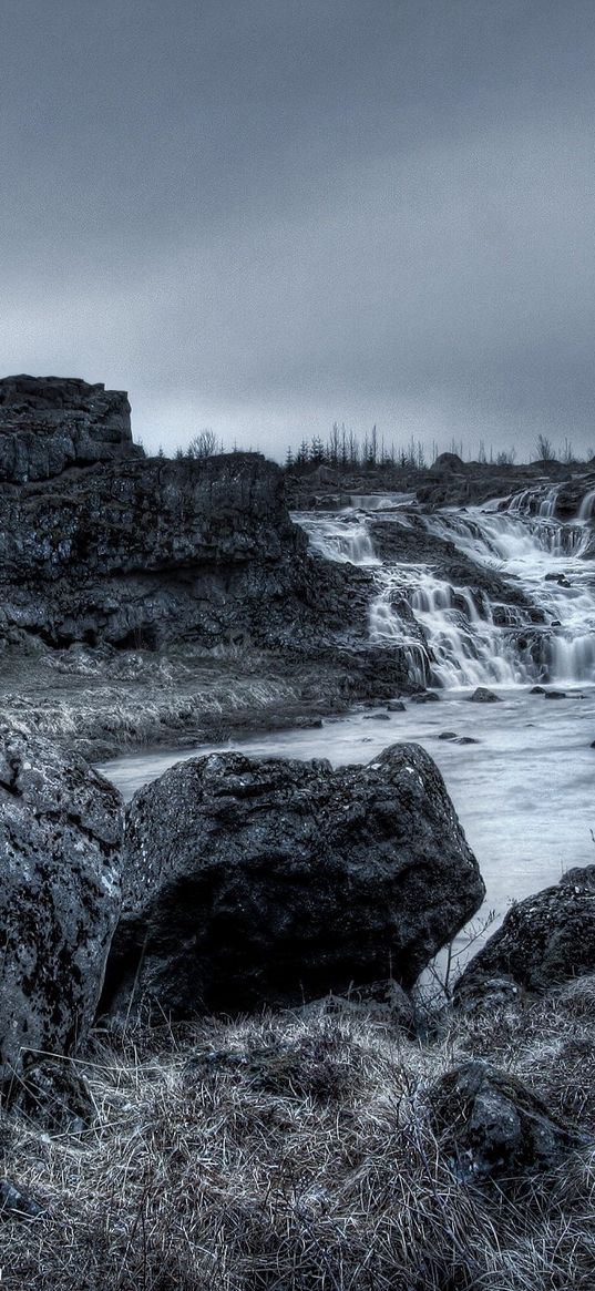 falls, stones, porous, dullness, gloomy, grass, faded