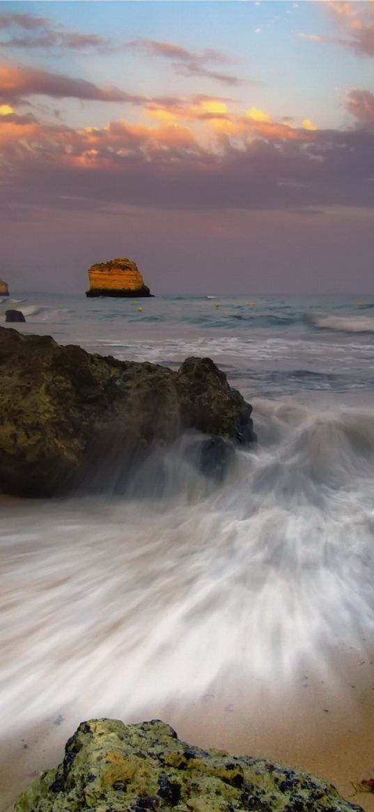 sea, wave, splashes, coast, rocks, blow, sand, crack