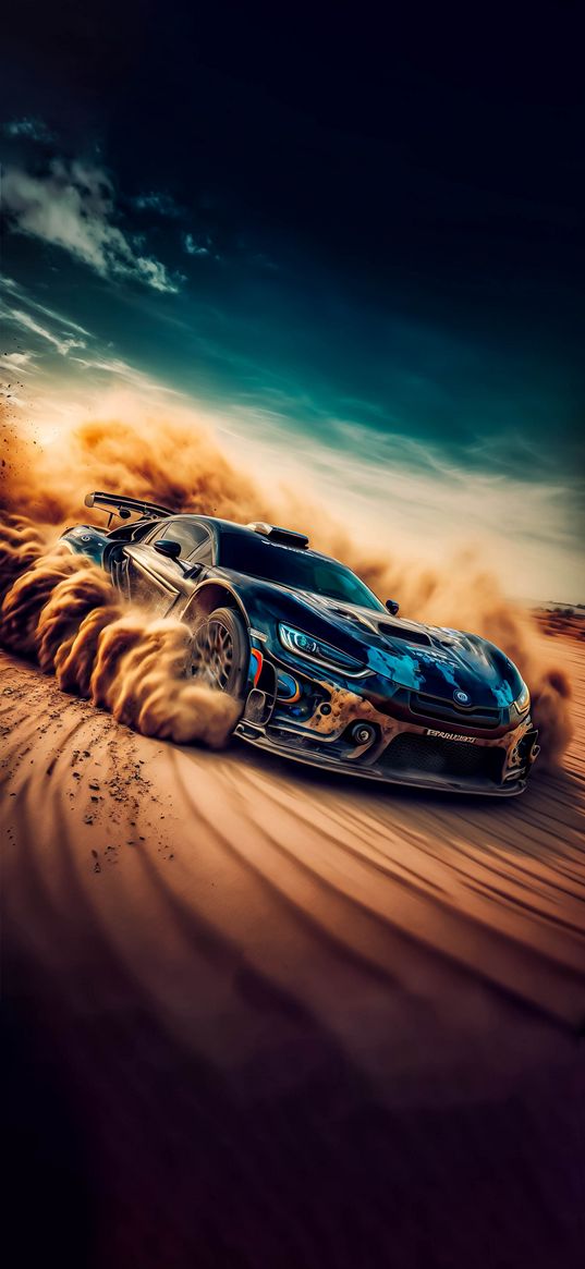 car, drift, sand, desert, blue