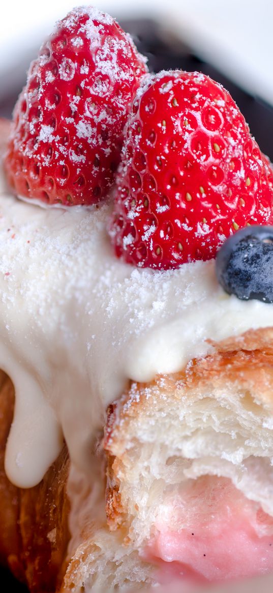 donut, icing, strawberry, dessert, macro