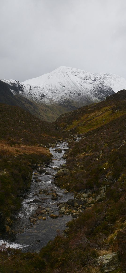 mountain, snow, slopes, stream