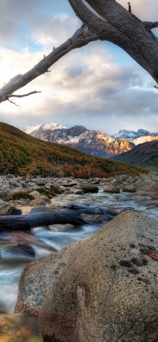 river, tree, dead, snag, stones, mountains, clouds, murmur