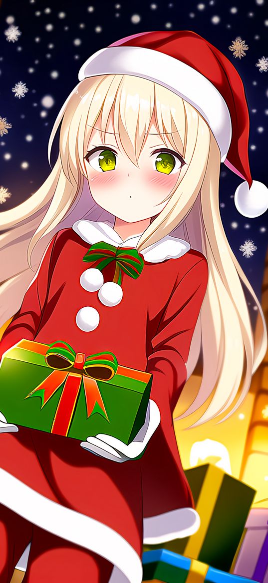 girl, blush, gift, santa claus, anime