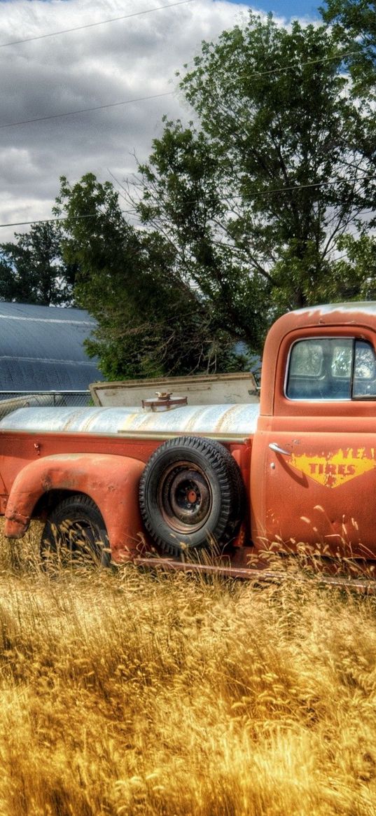 truck, garage, field, farming, column, wires, clearly