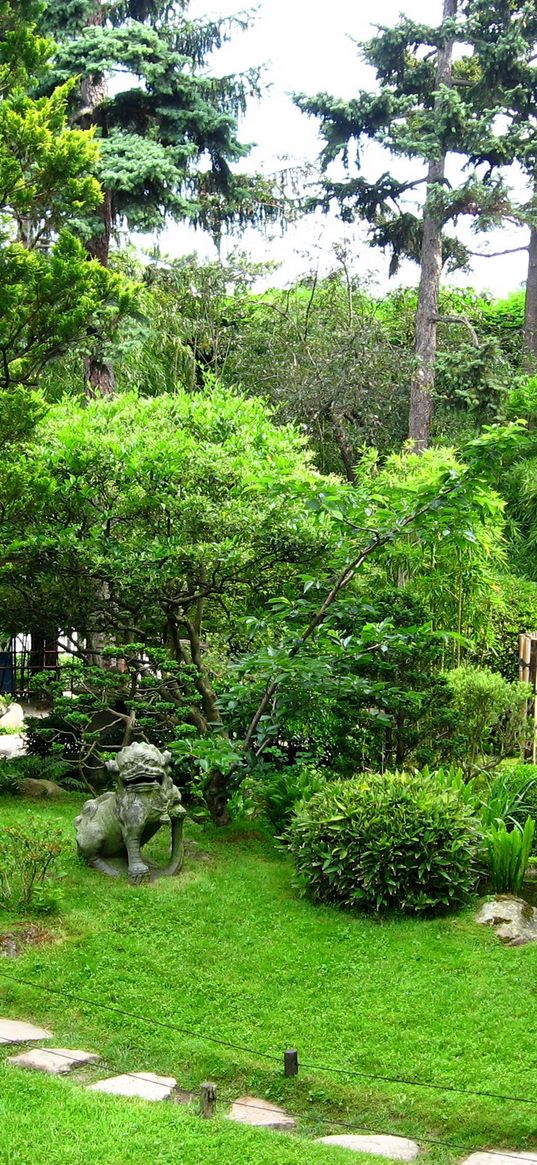 path, garden, statue, stones, lawn, green