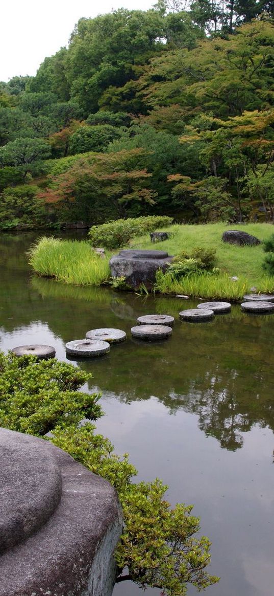 pond, path, stone, stubs, garden, circles, greens, cloudy