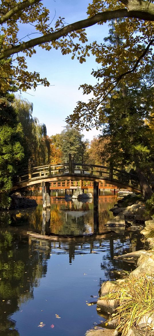 bridge, arch, pond, trees, coast, stones, shadows