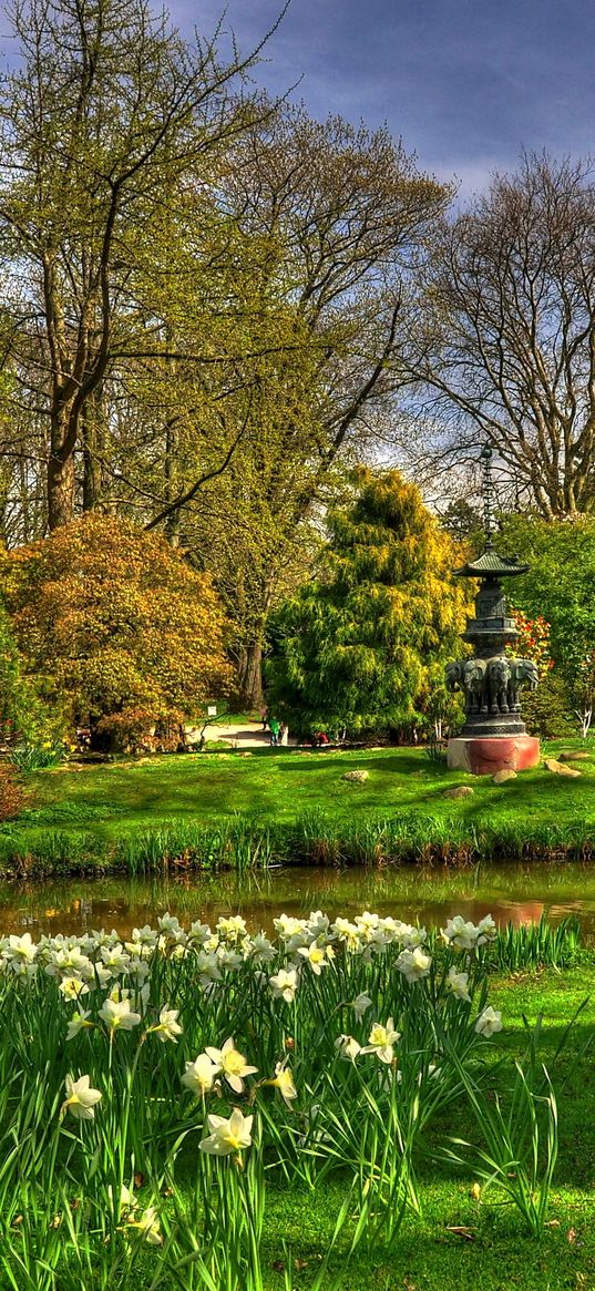 flowers, narcissuses, pond, garden, buddha, statues