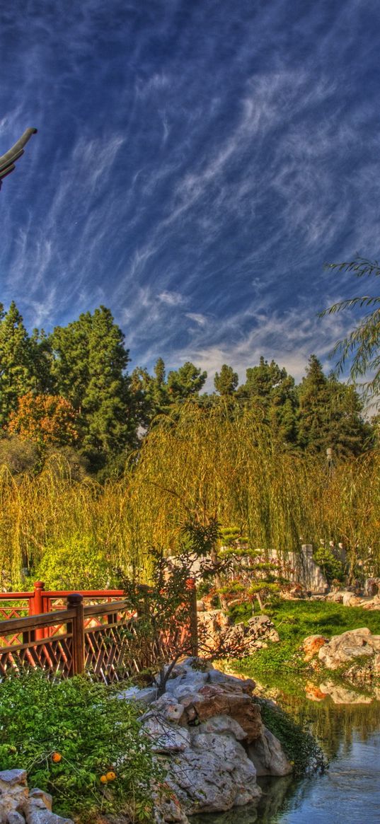 arbor, pond, willows, person, china, clouds, sky