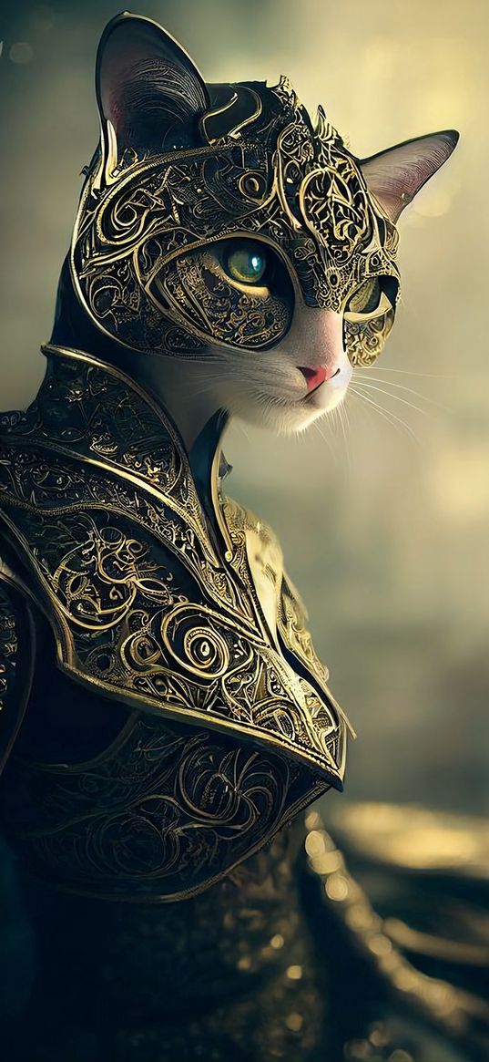 cat, kitty, cat armour, cat eyes, warrior, art, ai