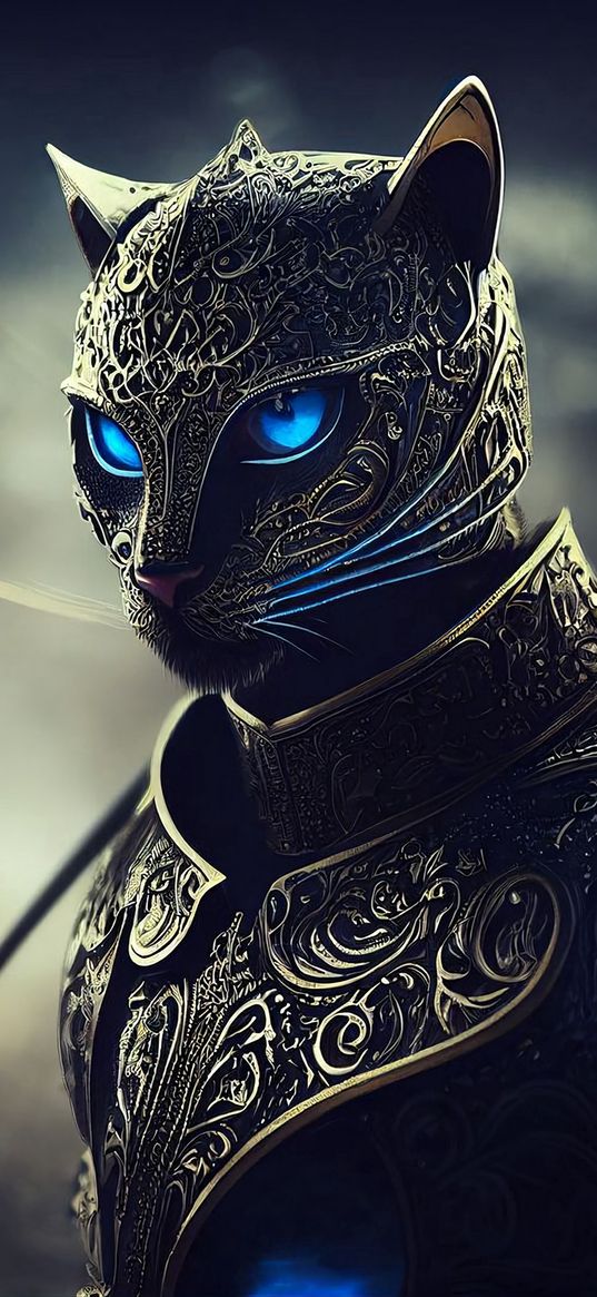 cat eyes, blue eyes, cats, warrior, kitty, animal, art, ai