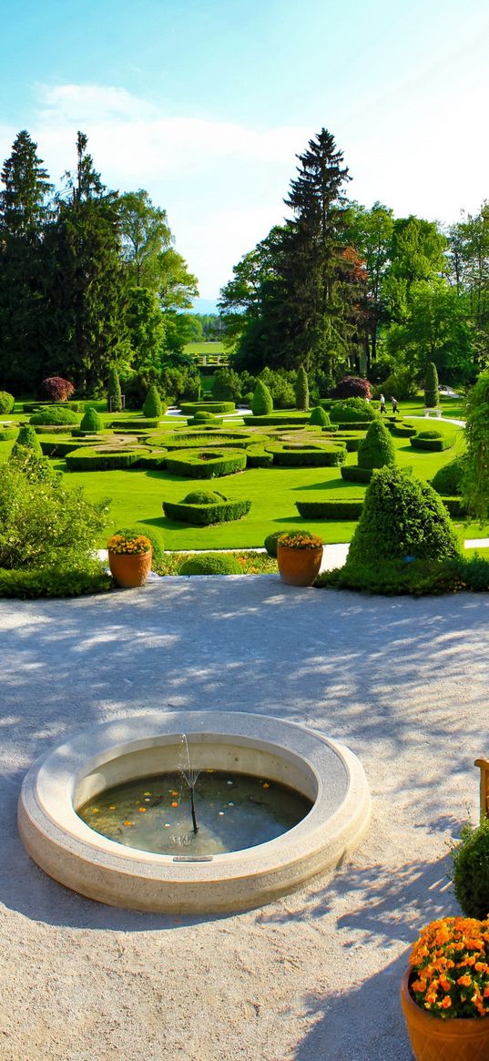 fountain, benches, garden, center, shadows, clearly