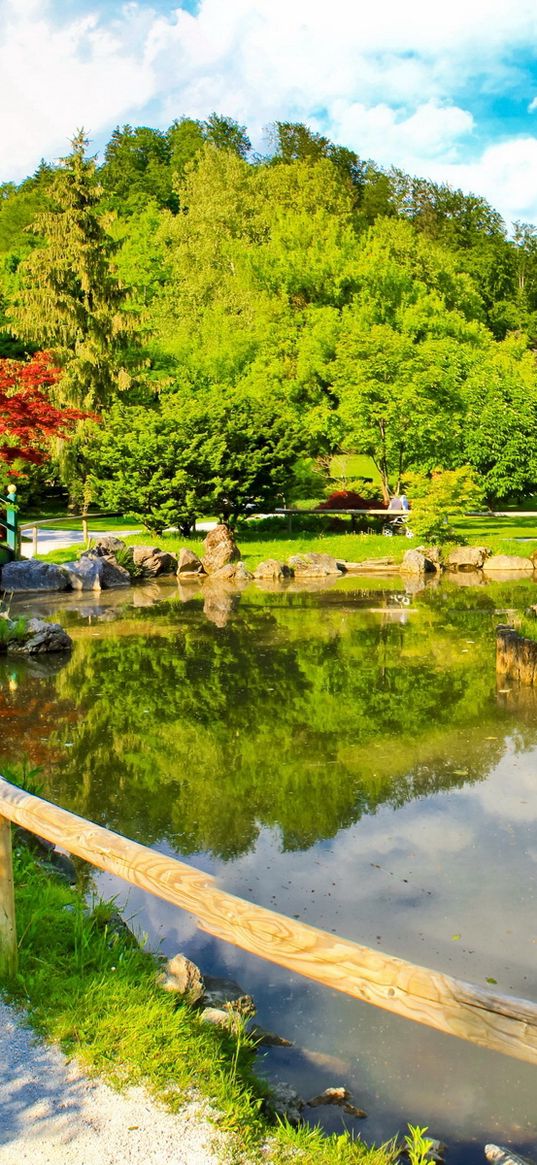 path, protection, garden, pond, brightly, summer