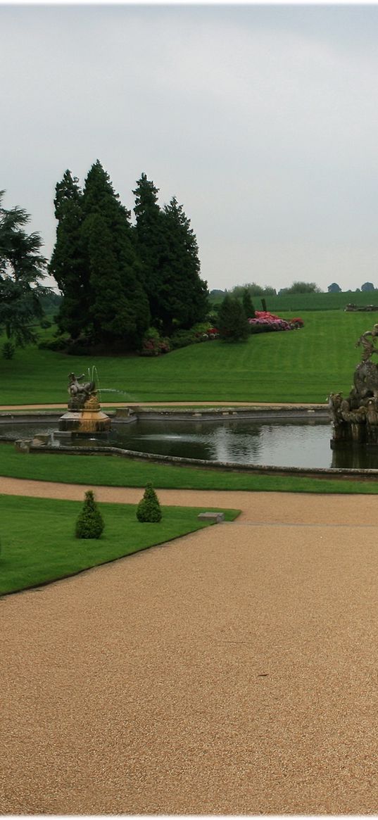 fountain, statue, figure, center, garden, lawn, cloudy