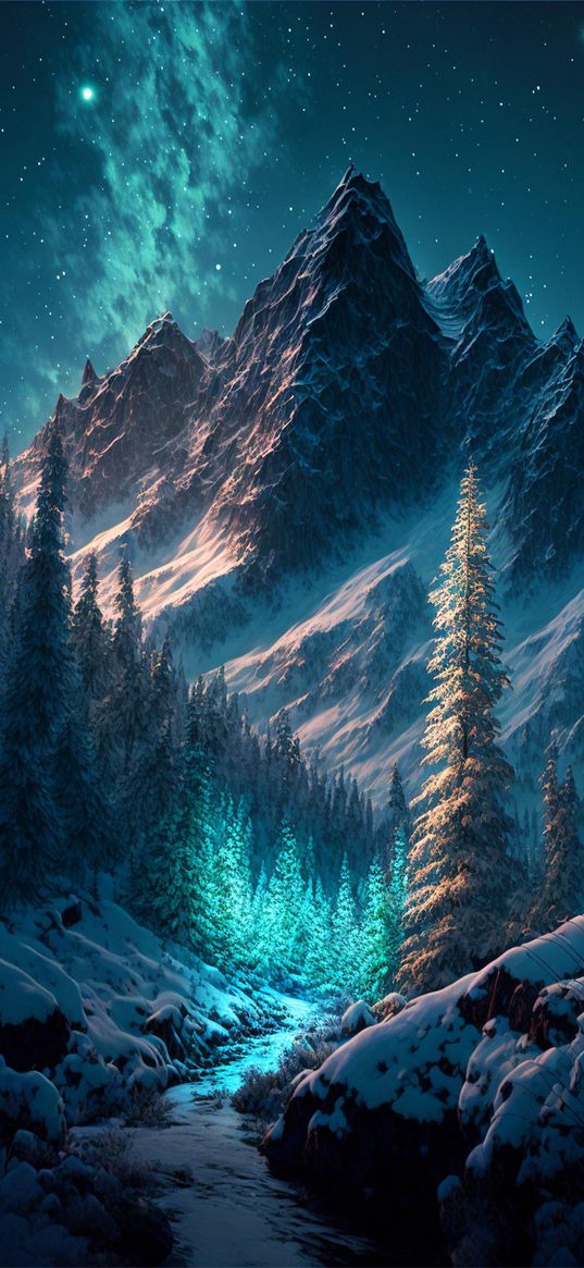 christmas trees, forest, mountains, snow, winter, northern lights, starry sky, stars, night, nature