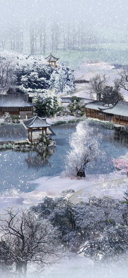 winter, lodges, china, snow, garden, pond, from above