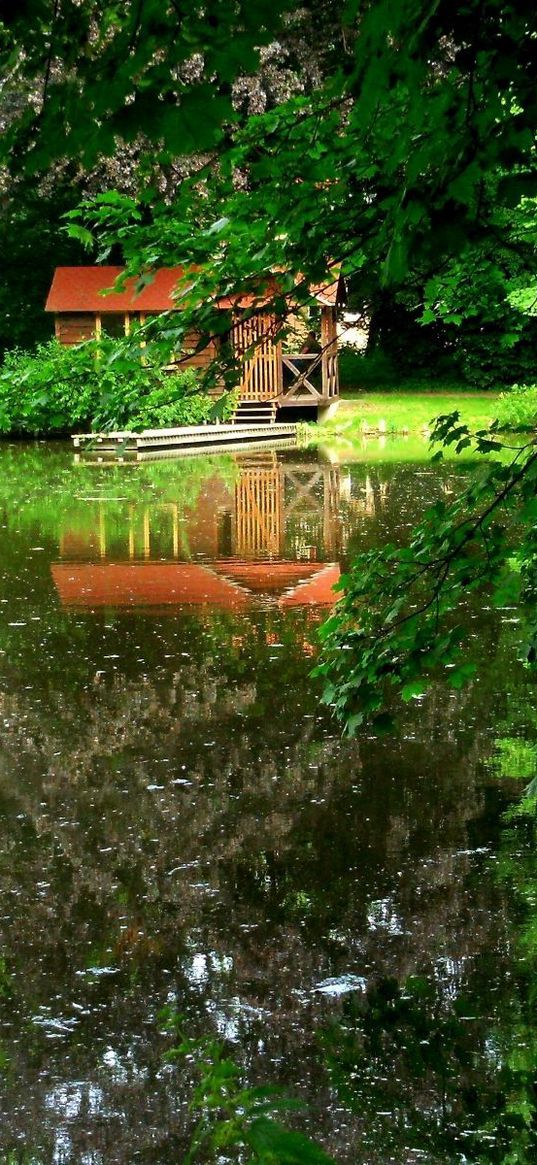 lake, trees, lodge, mooring, reflection, summer