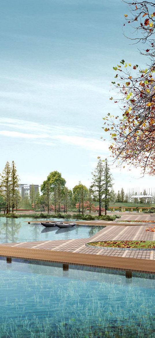 lake, embankment, trees, graphics, spoon, platform