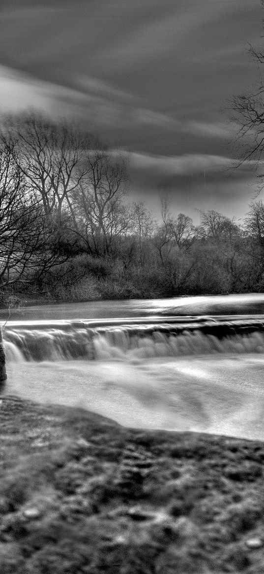 dam, river, house, water, black-and-white