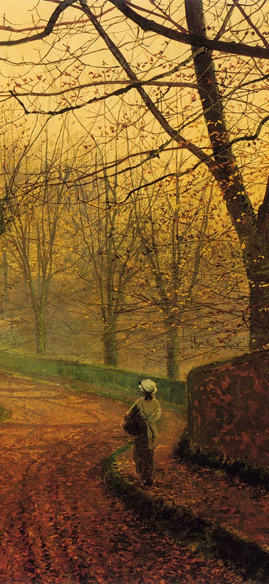 painting, art, canvas, autumn, road, girl, trees, leaf fall