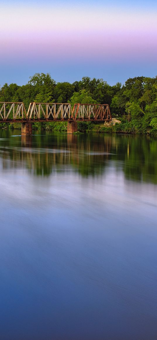 bridge, river, smooth surface, clouds, sky, colors, trees, design, lilac