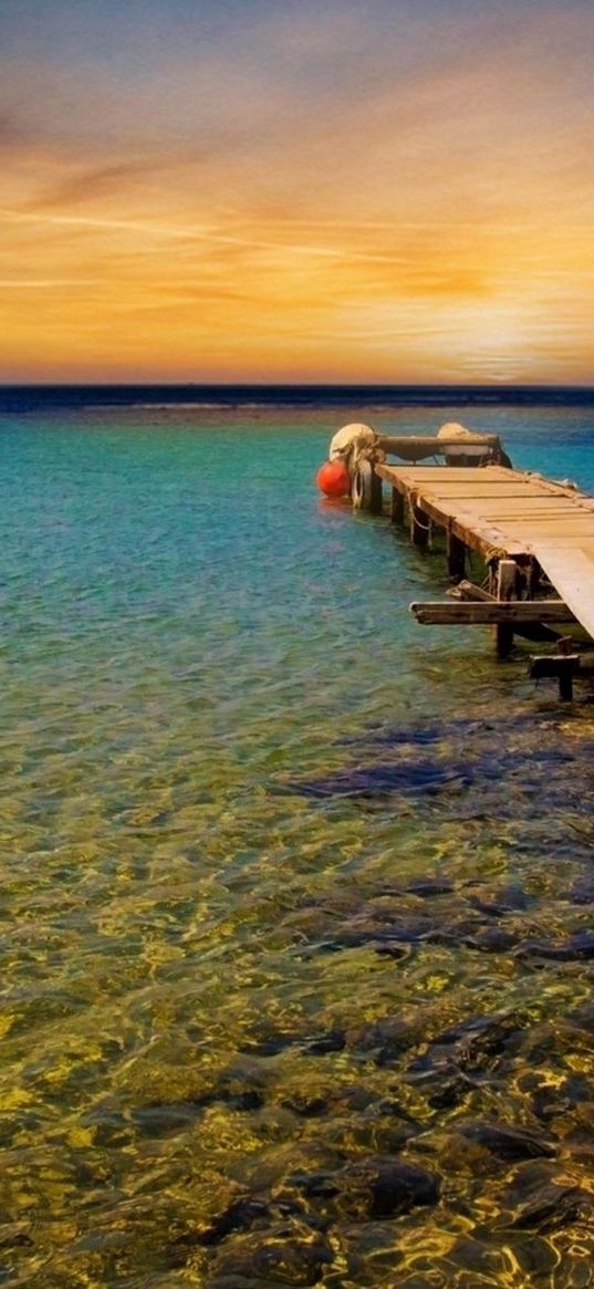 pier, breakwater, sea, decline, evening, yacht, horizon, water, transparent