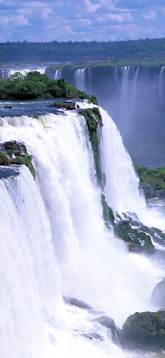 falls, rocks, trees, steam, stream, force, power