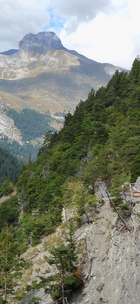 switzerland, mountains, wood, platform, look