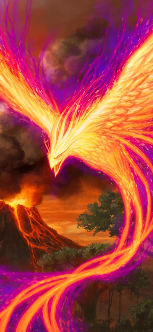 phoenix, bird, fire, volcano, yellow, purple