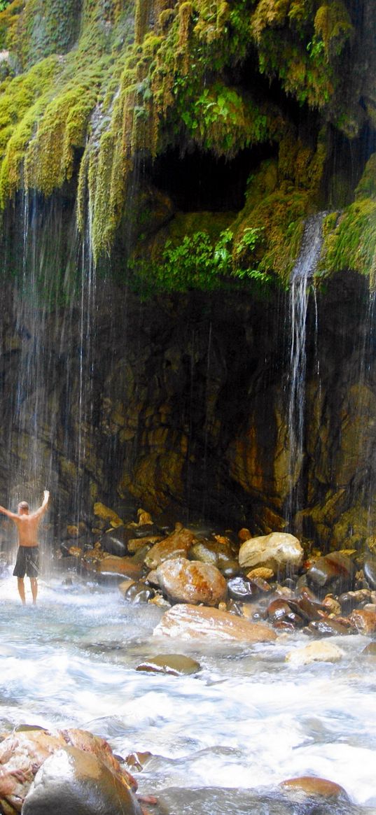 greece, falls, rocks, guy, back, stones