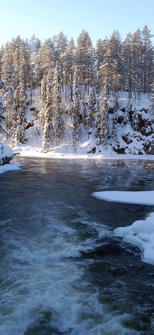 river, finland, ice, snow, trees, hoarfrost, stream