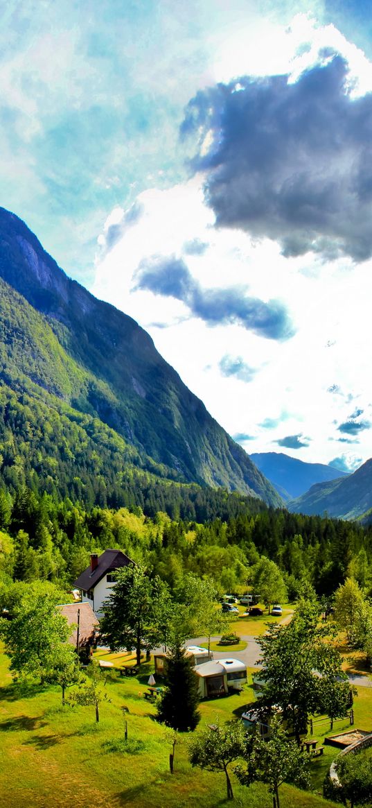 slovenia, mountains, sky, lodges, green, meadows, brightly, solarly