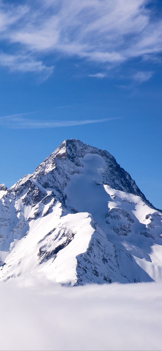 mountain, relief, snow, clouds, sky, landscape