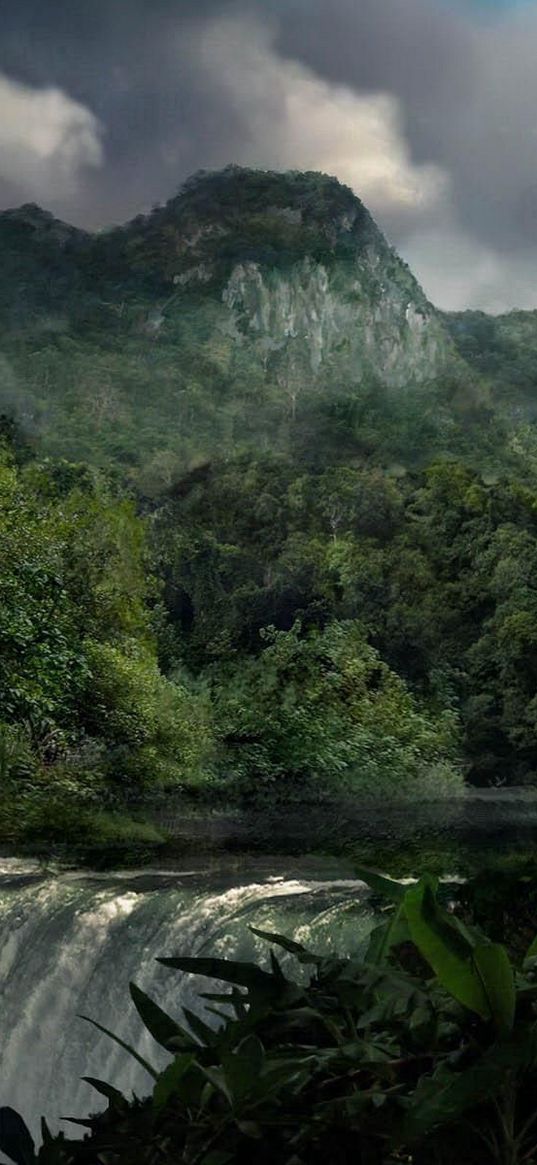 falls, vegetation, wood, green, clouds, before a rain