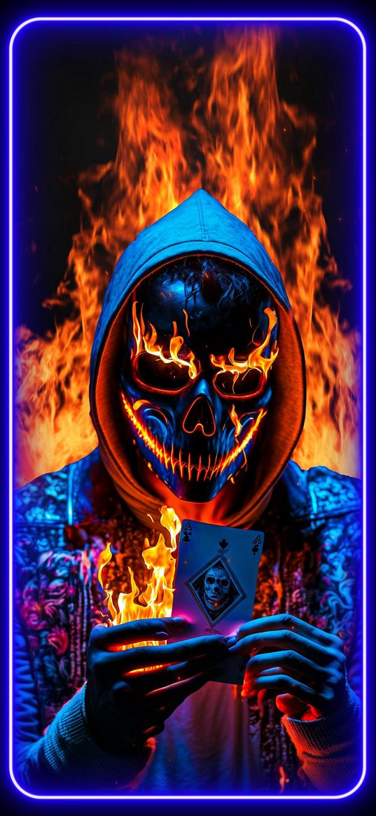 man, mask, fire, flame, card, frame