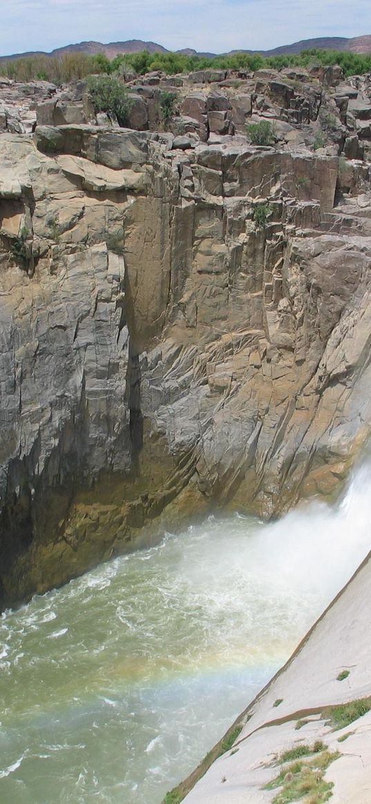 rocks, river, gorge, stream, rainbow, damp