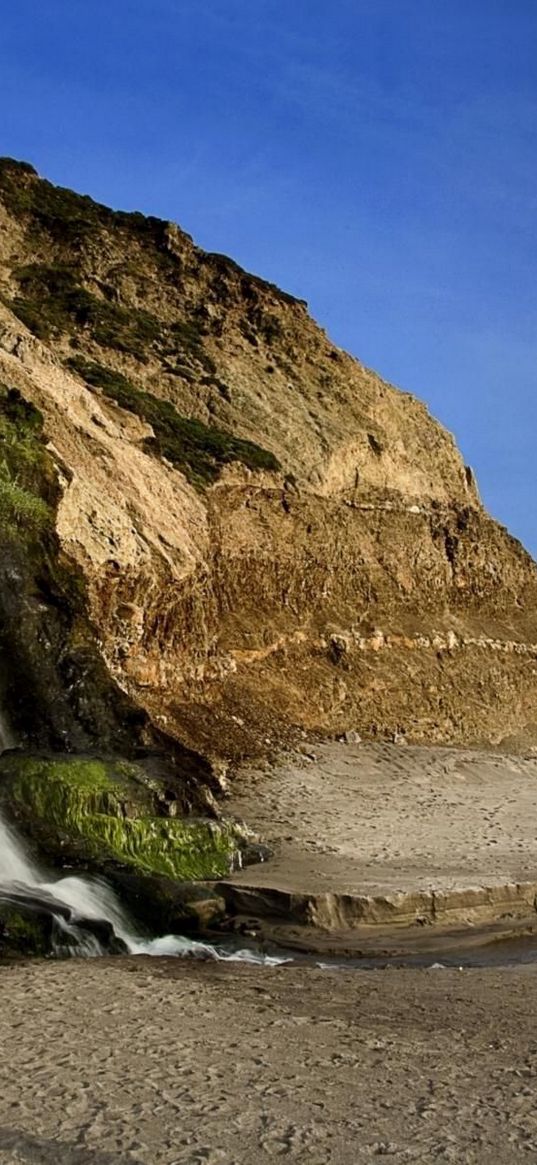 falls, coast, rock, landscape, sky, moss, sand