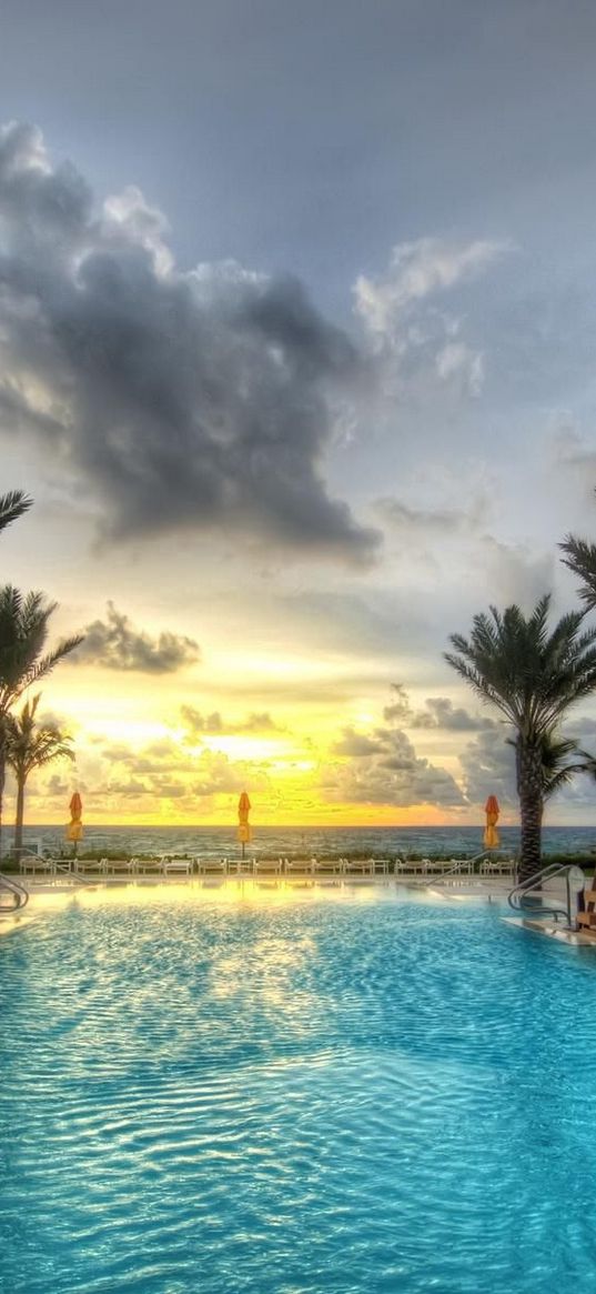 pool, palm trees, resort, azure, sky, clouds, volume