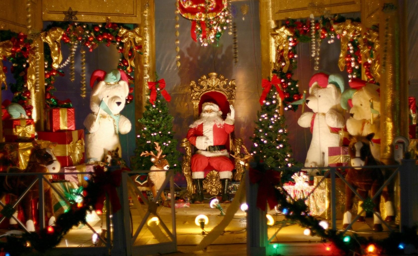 santa claus, chair, bears, toys, gifts, fencing, trees, ornaments, christmas