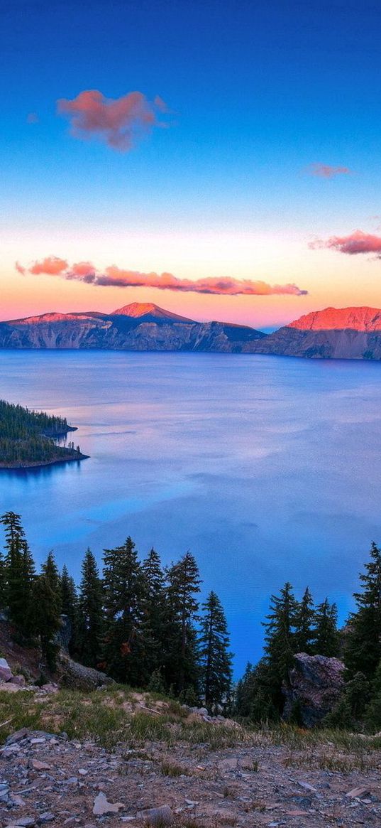 lake, mountains, height, island, trees, decline, clouds, sky, stony