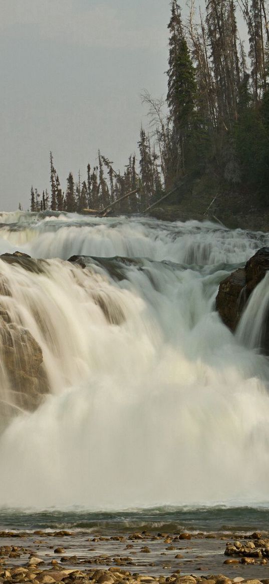 falls, rocks, stream, cloudy, clouds, dirty